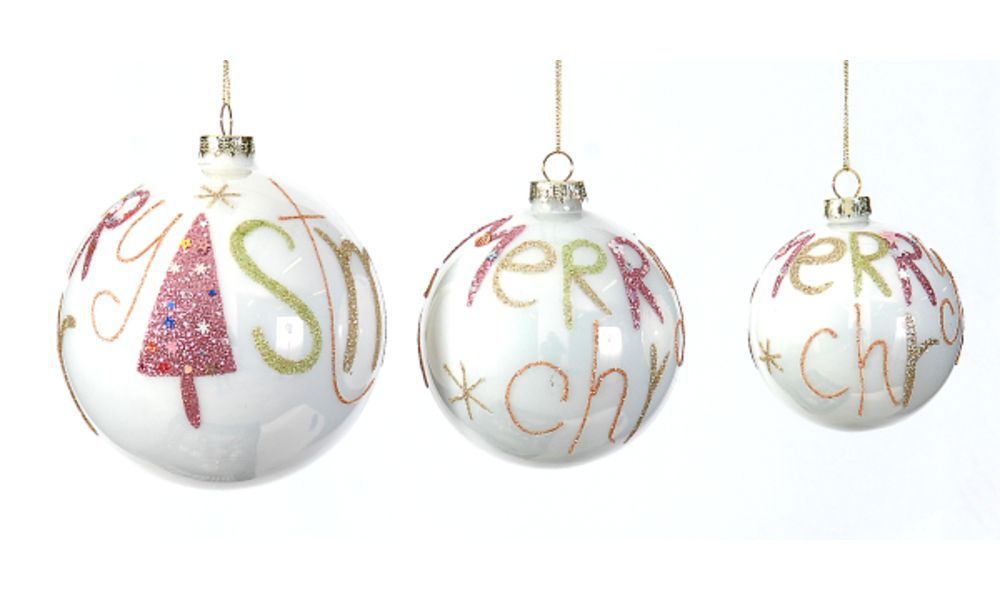 12/48-10cm Glass white ball w/merry christmas text