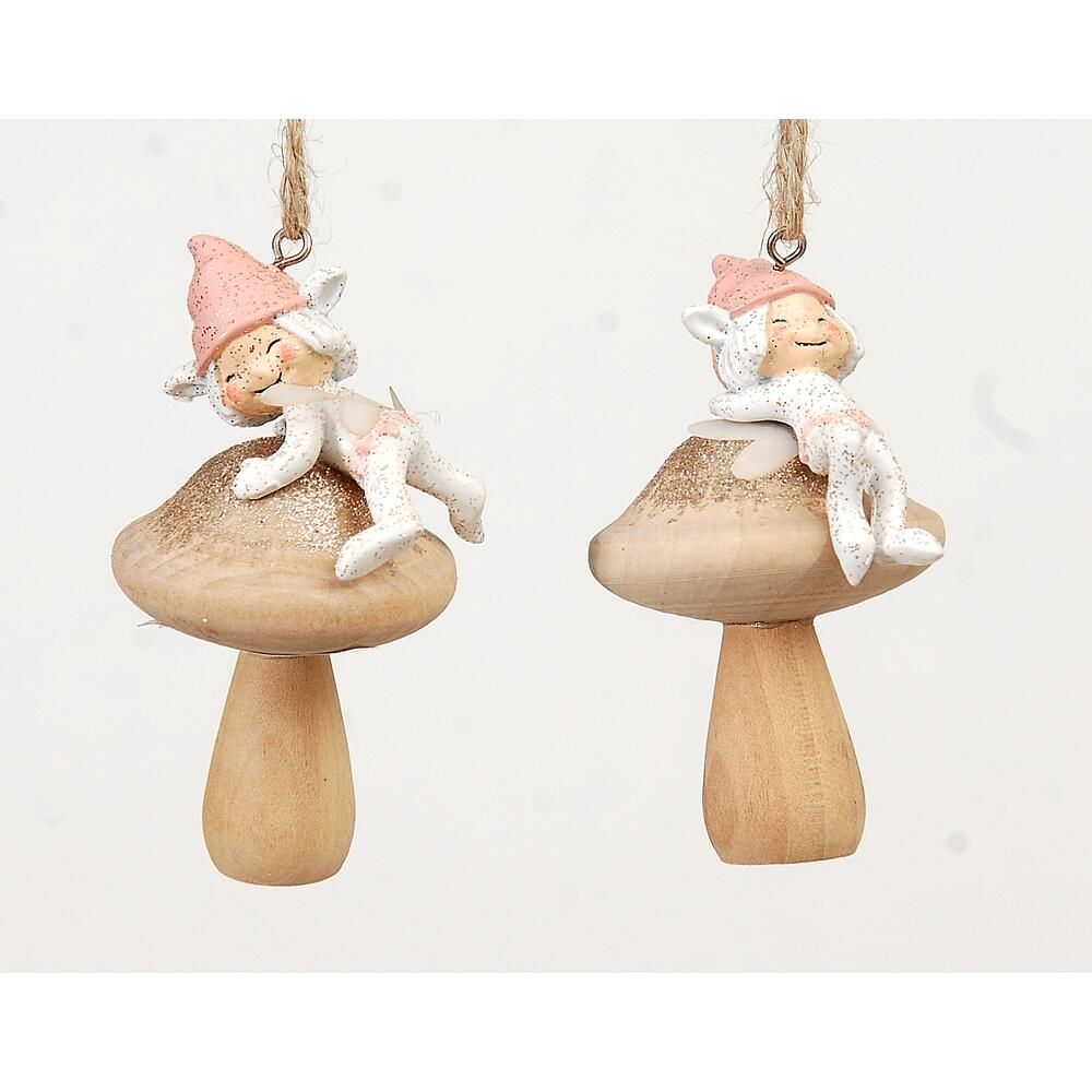 Mushroom Orn w/white elf 8.5 cm