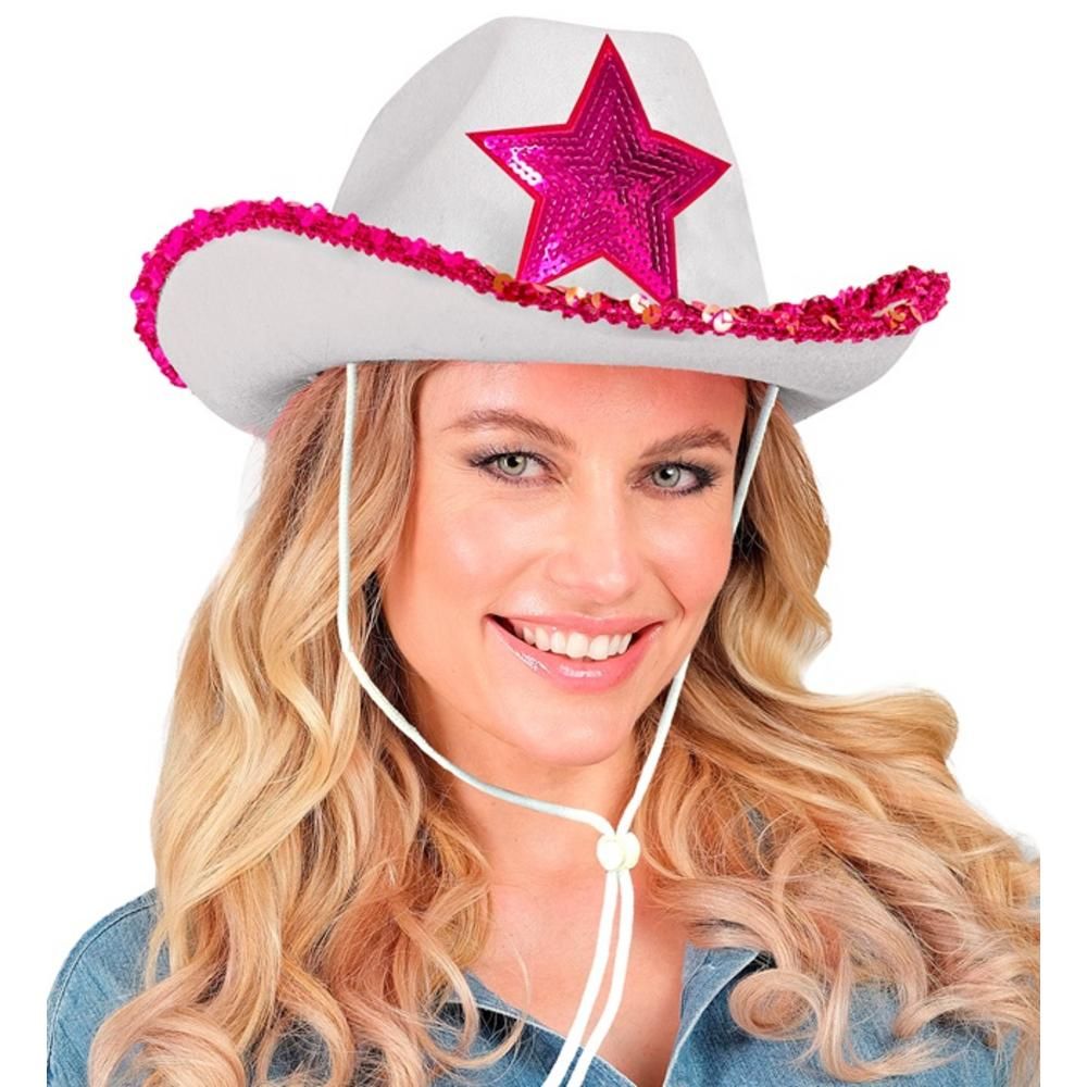 WHITE COWGIRL PARTY HAT WITH HOT PINK SEQUIN STAR