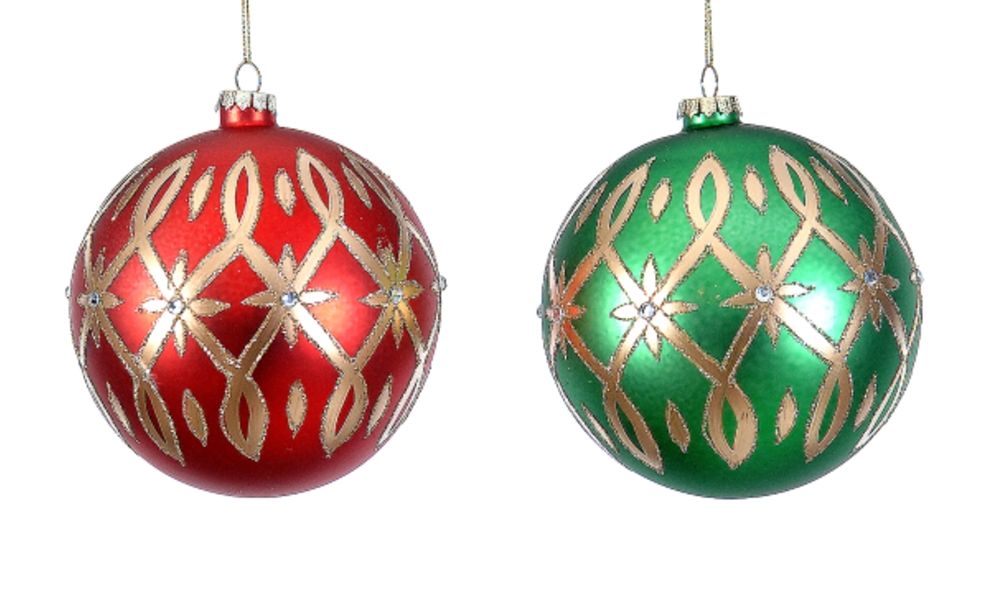 12/36-2Asst 10cm Glass green/red ball w/gold details