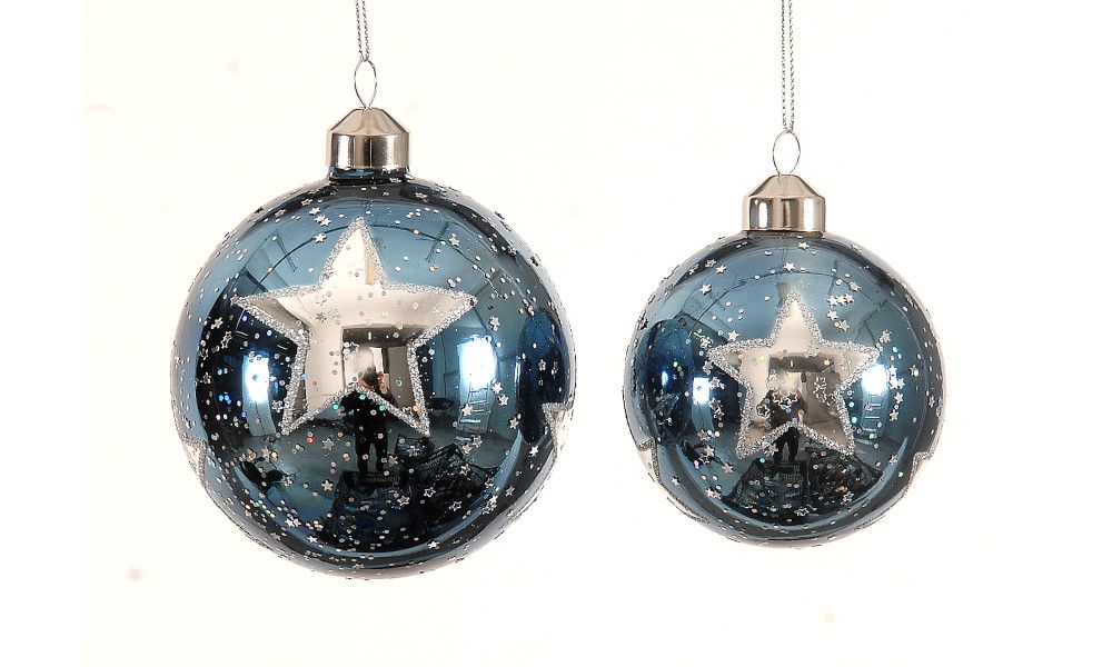 12/48 - 10CM blue glass ball w/ silver stars