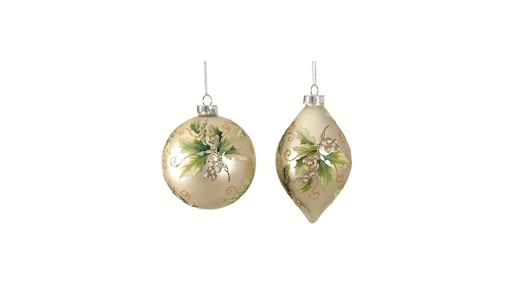 12/36 – 3 Asst 10CM Silver/green glass ball, onion and shuttle ornament