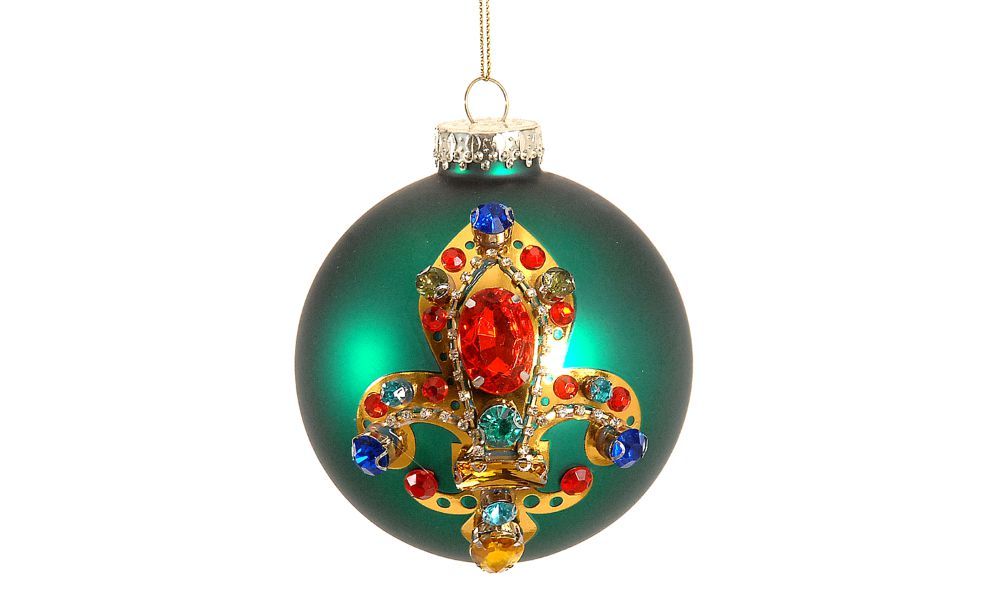 6/48 - 10CM Hanging Green Glass Ball w/ fleur de-lis pattern