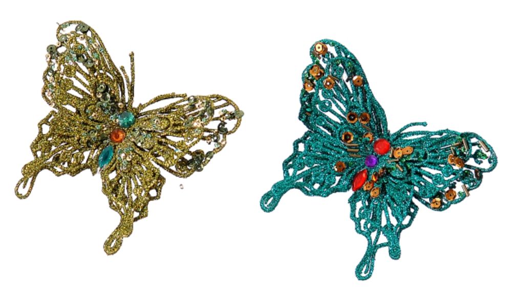 12/216-2Asst 11cm Iron wire w/gold & blue glitter butterly orn