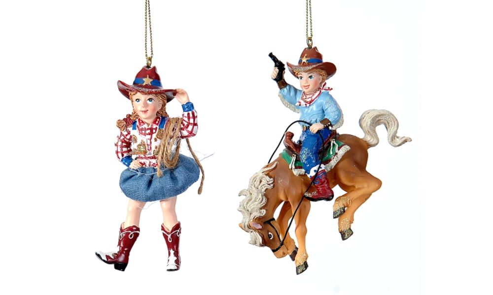 6/48-2Asst 11cm Polyresin cowboy w/horse&gun xmas orn