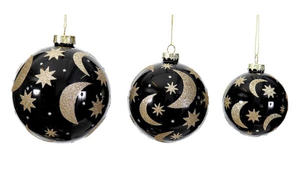 12/96-8cm Glass black ball w/gold moon/stars design