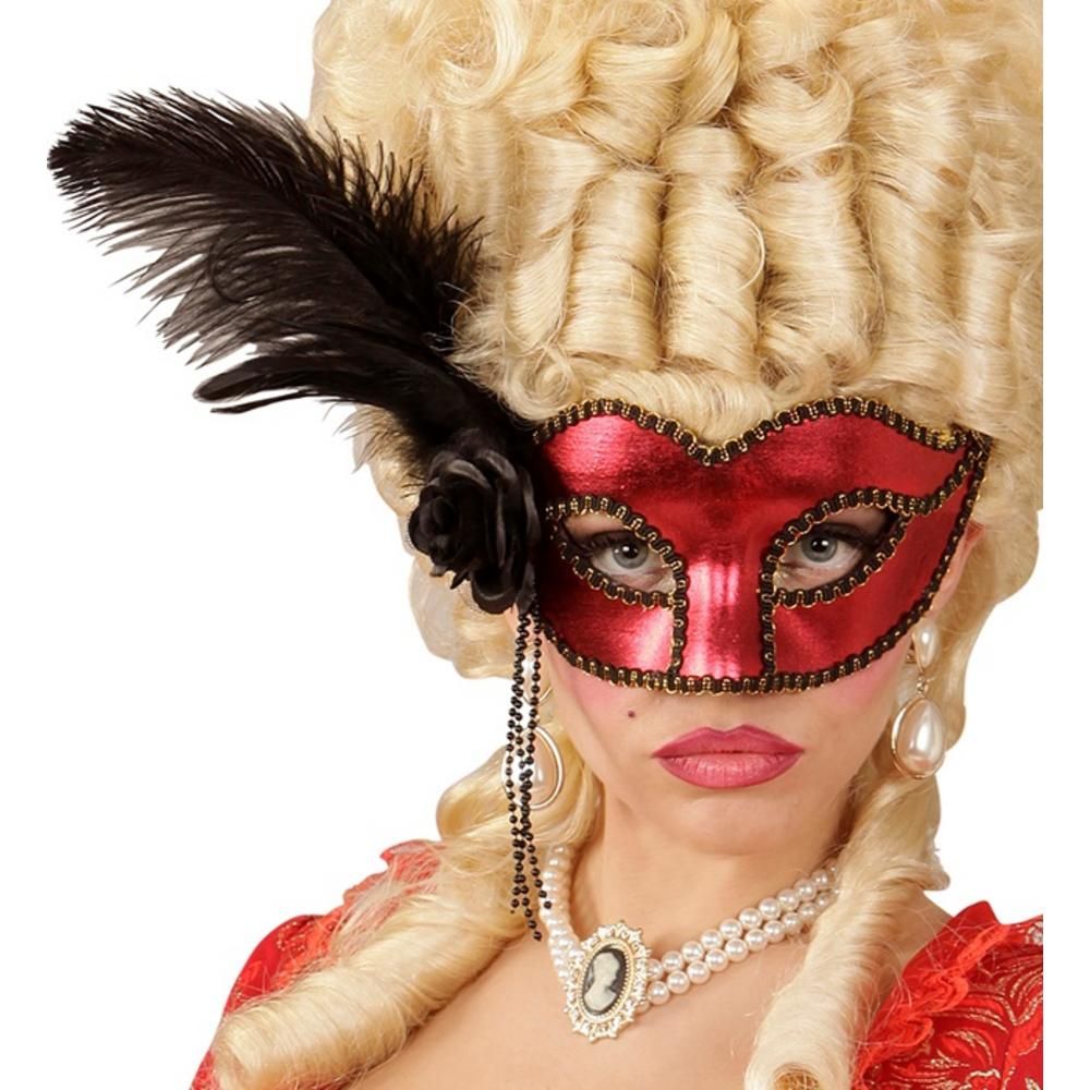 METALLIC RED VENICE EYEMASK WITH ROSE, BEADS & FEATHERS