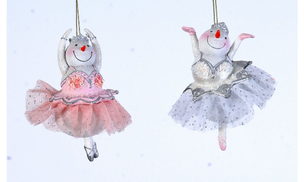 12/48-2Asst 11cm Polyresin ballerina snowman xmas orn