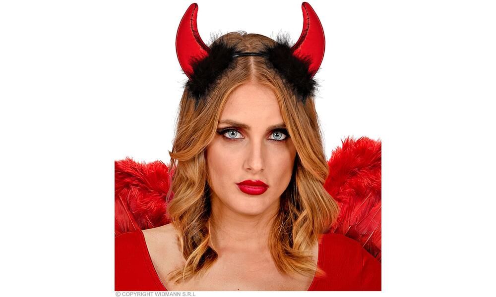 "RED METALLIC HORNS WITH MARABOU AND TINSEL TRIM"