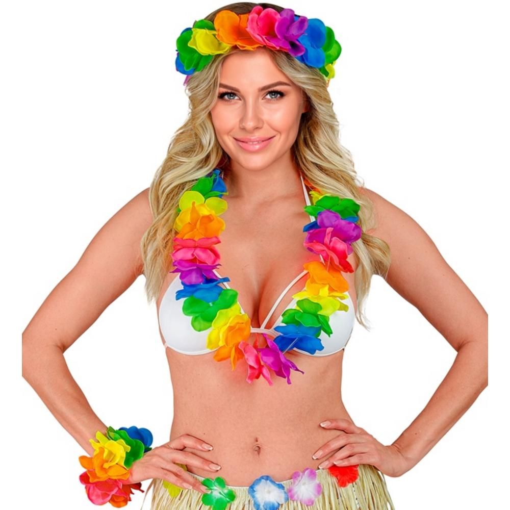 MULTICOLOR HAWAIIAN SET (lei, crown, bracelet)