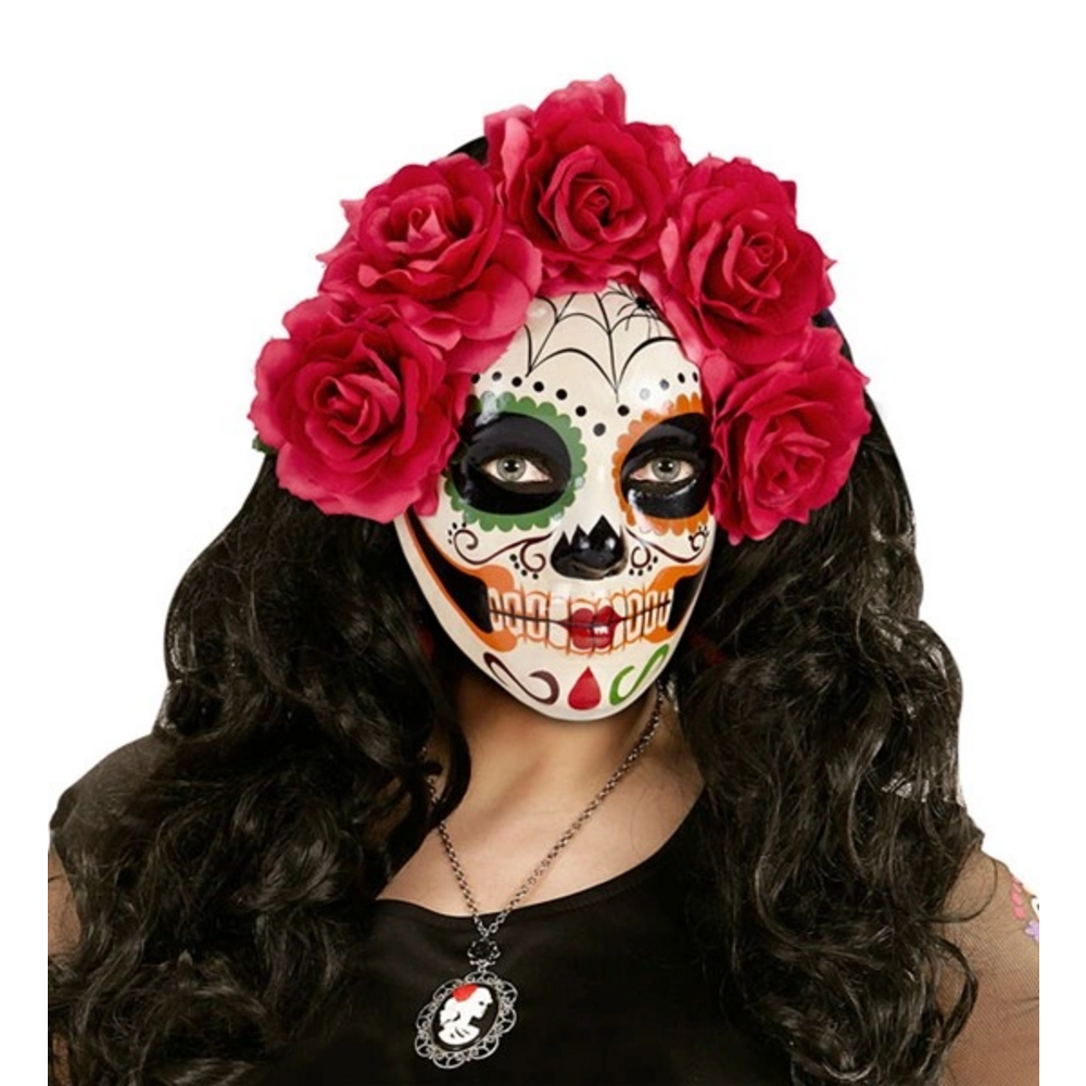 DIA DE LOS MUERTOS MASK DECORATEDWITH RED ROSES