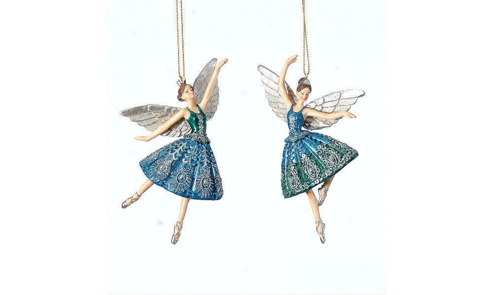 12/72-3Asst 12cm Polyresin blue w/gold details fairy w/wings orn