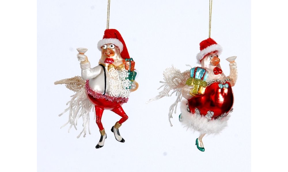 6/36-2Asst 14cm Glass mr. chicken w/xmas hat orn