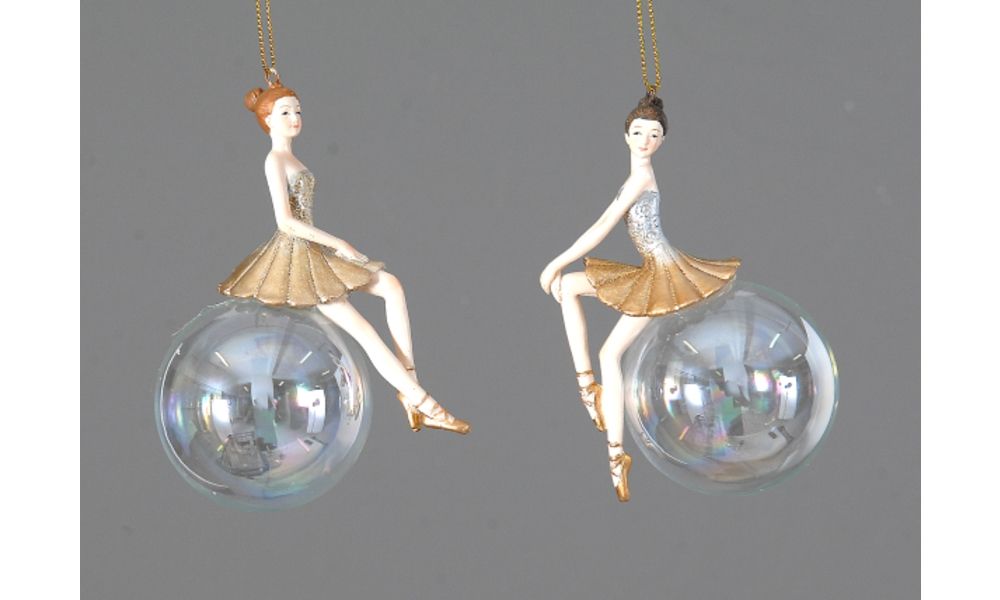 12/72-2Asst 12cm Gold ballerinas sitting on a glass ball