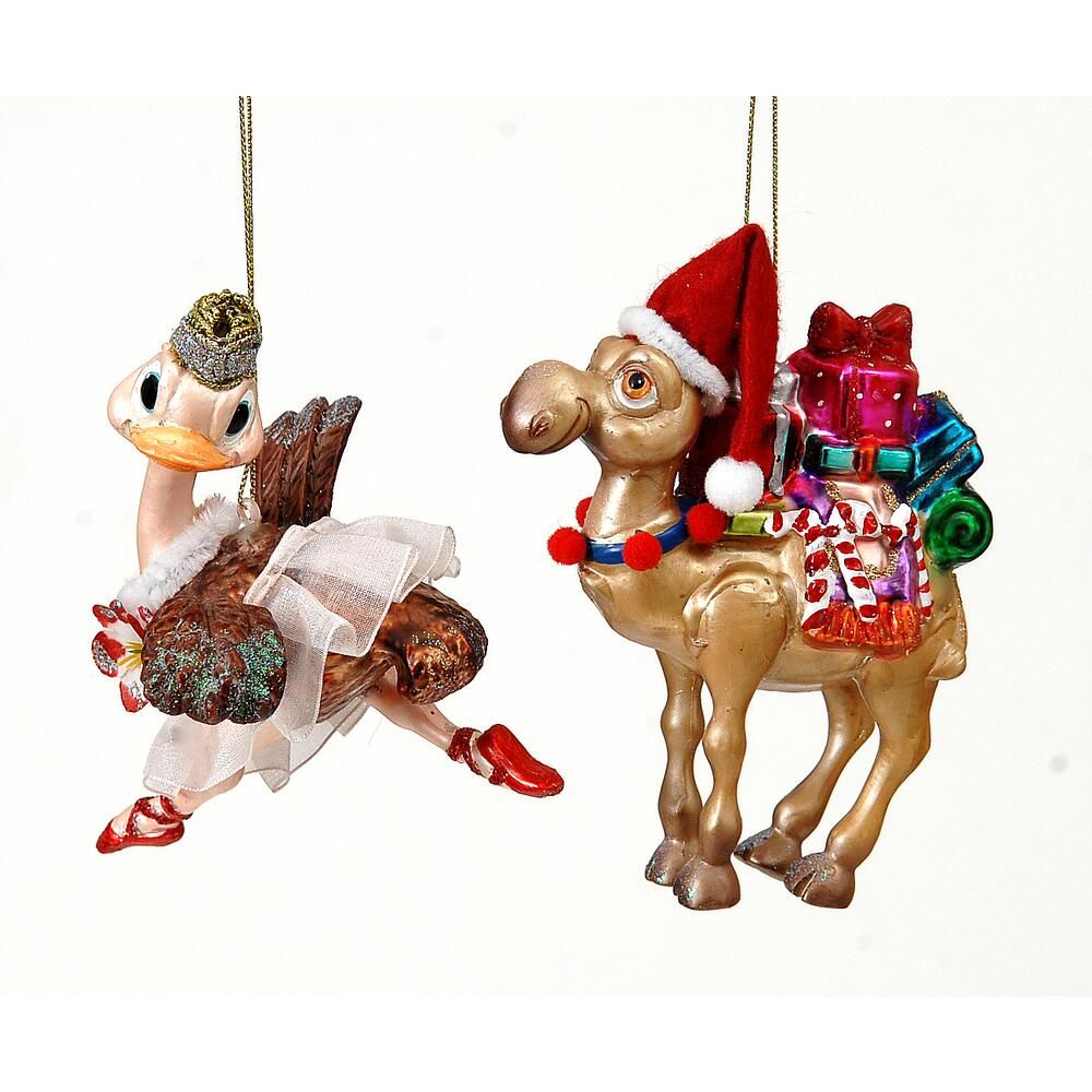 Glass camel & ostrich ornaments 12 cm