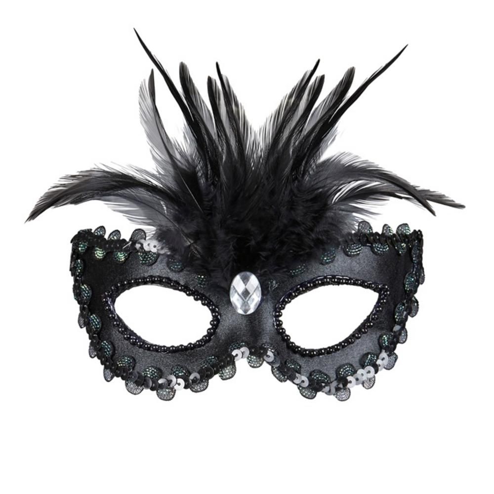 SHINY BLACK EYEMASK WITH GEM, BEADS & SEQUIN TRIM & FEATHERS