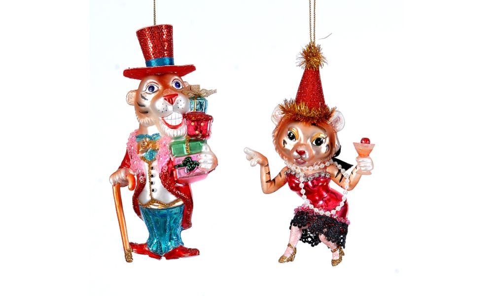 6/36-2Asst 15cm Glass mr.&mrs party tiger orn