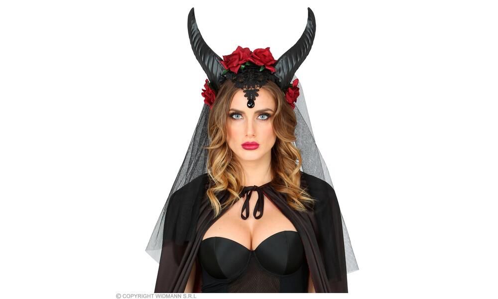 "BRIDAL VEIL WITH HORNS. ROSES. LACE AND BLACK GEM"