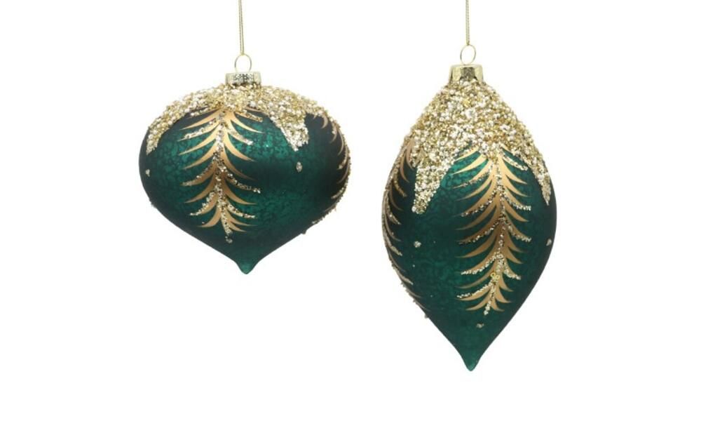 12/36 - 2 Asst 12cm Glass Green Ball with gold leaves