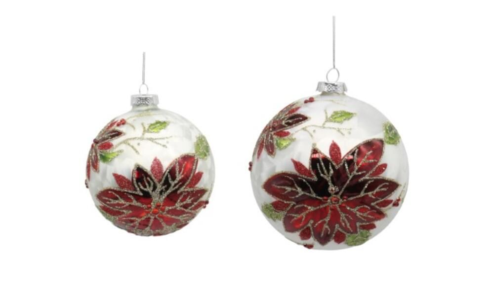 12/48-10cm Glass white ball w/red flowers