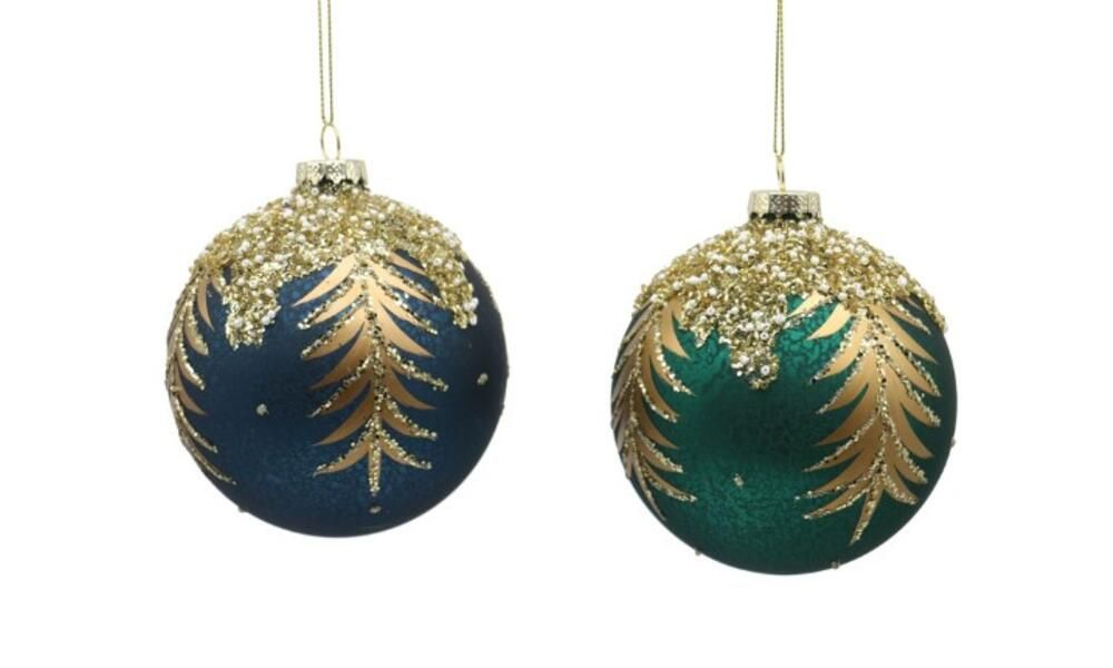 12/48-2Asst 10cm dark blue-green glass ball w/gold leaves