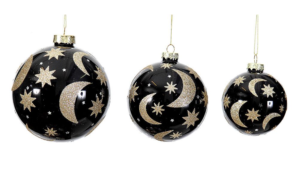 12/48-10cm Glass black ball w/gold moon/stars design