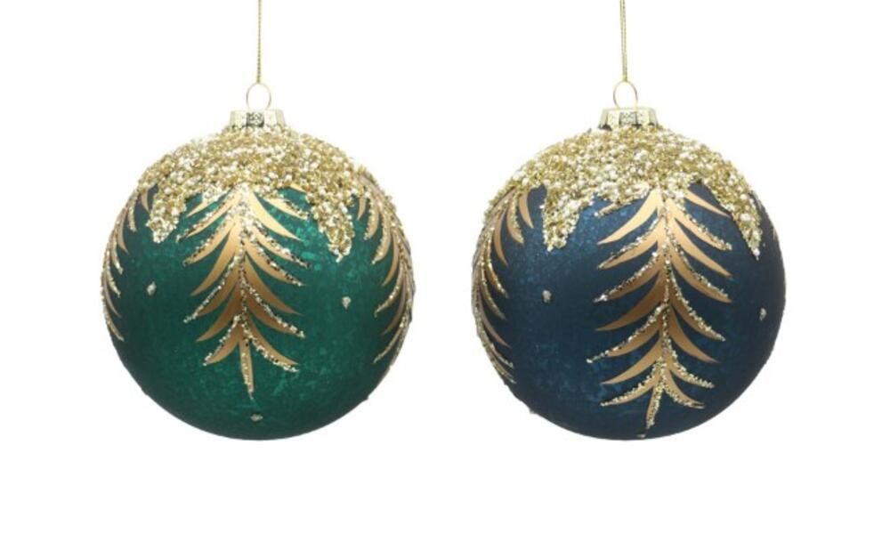 6/48-2Asst 12cm dark blue-green glass ball w/gold leaves