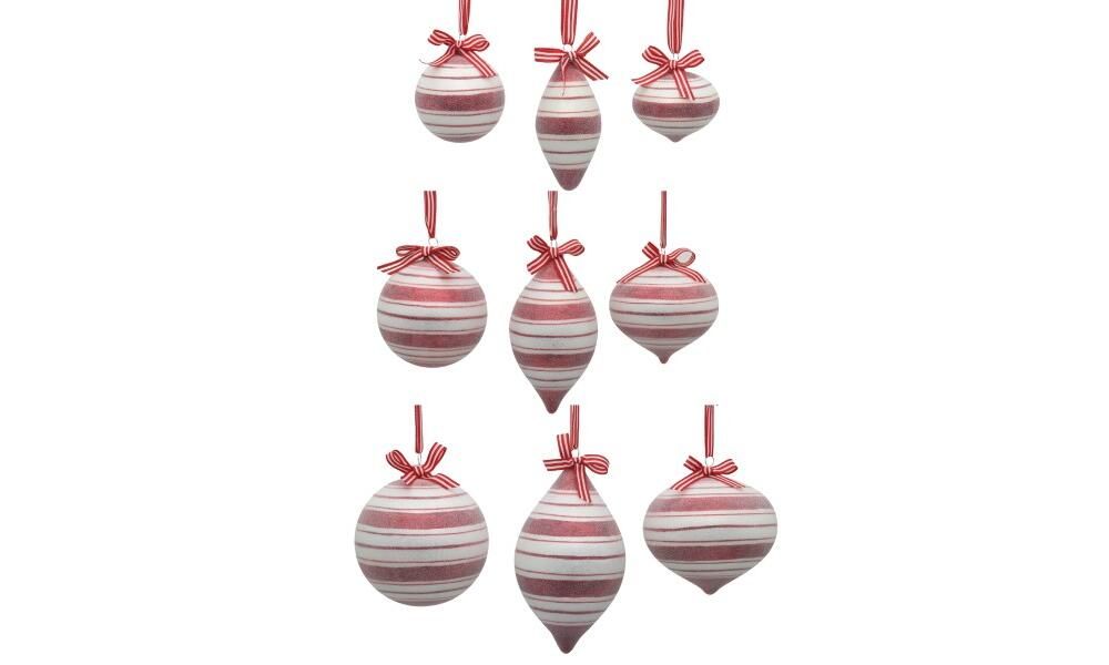 12/24-3Asst 12cm Glass red/white ball/drop/onion orn