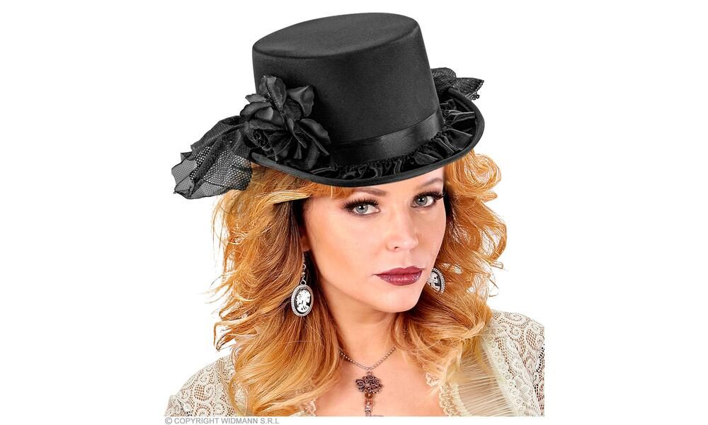 felt TOP HAT WITH BLACK ROSE TULLE