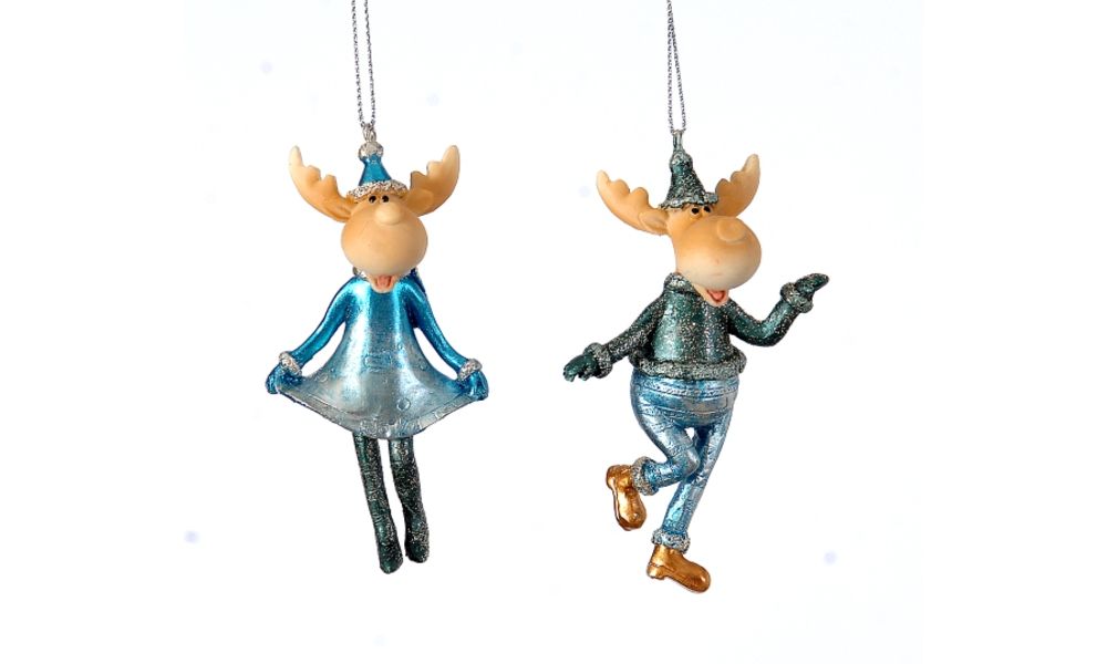 12/192-2Asst 10cm Polyresin reindeers orn in blue mettalic