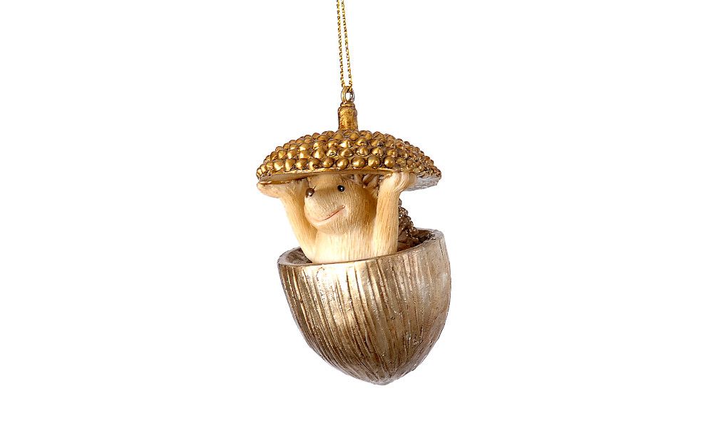 12/216-8cm Polyresin gold hedgehop in a acorn orn