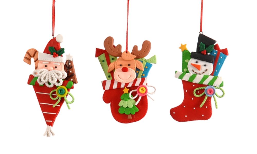 12/144-3Asst 14,5cm claydough santa-reindeer-snowman ornament