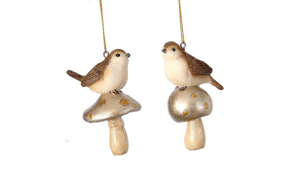 12/144-2Asst Polyresin brown w/gold details birds sitting on a mushrooms orn