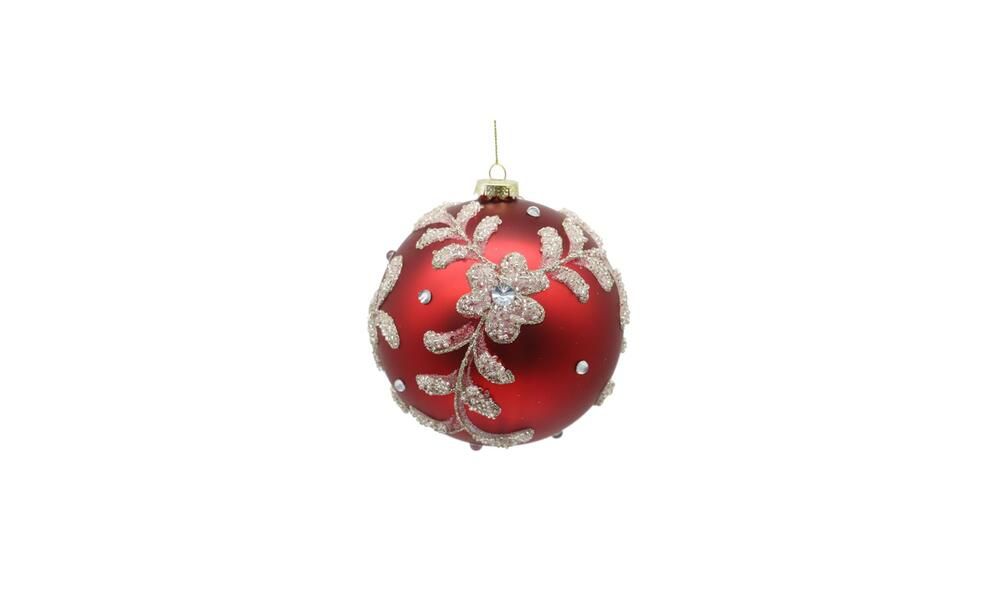 12/96-12cm Glass red ball w/leaf design