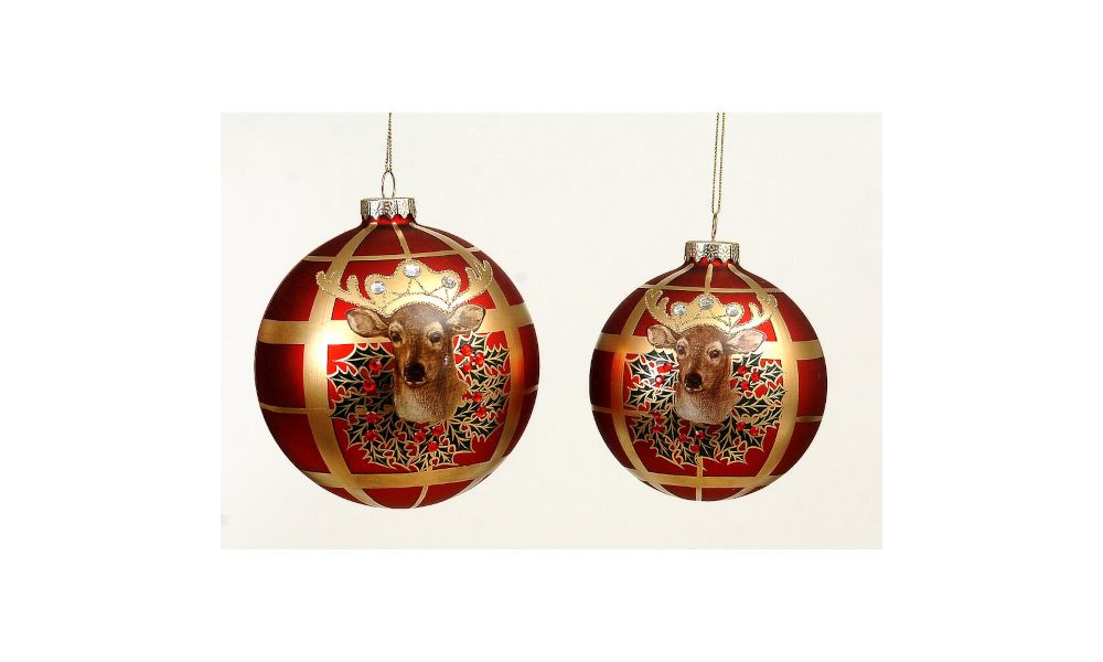 Glass red/gold ball w/ deer design 12 cm