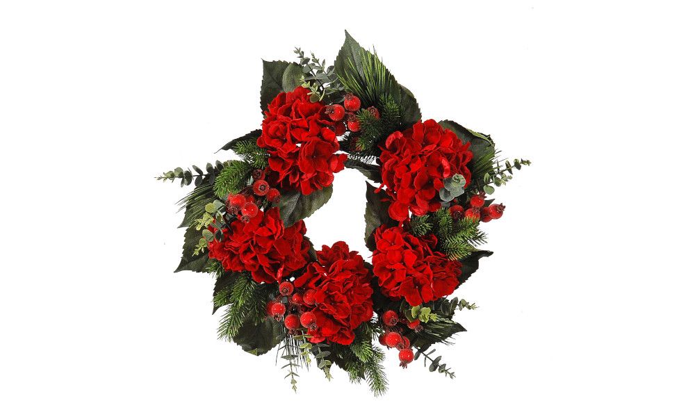 2/4-56cm Red wreath w/hydrangea,berry,pine