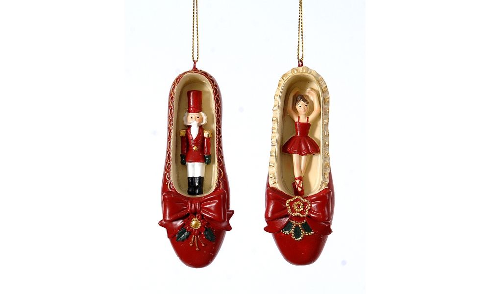 12/96-2Asst 11cm Polyresin hanging pink ballet shoe w/nutcracker,ballerina