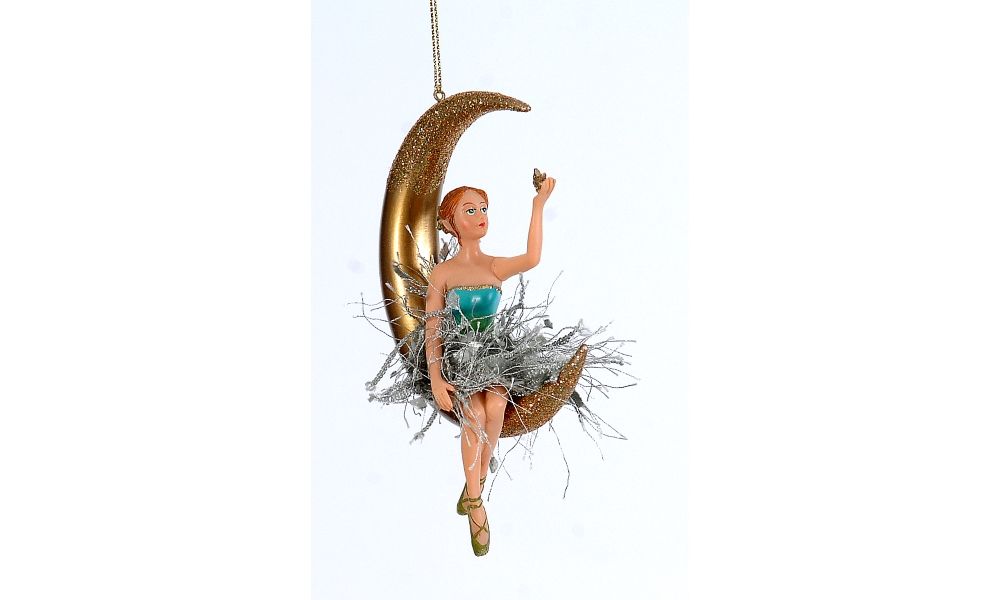 12/72-10cm Polyresin gold/petrol fairy on the moon orn