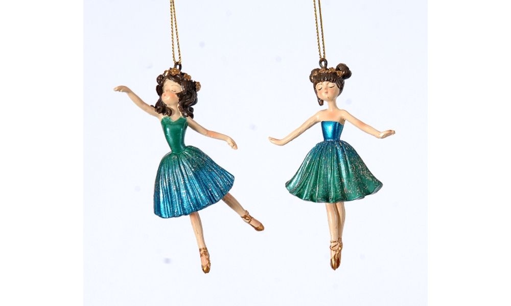 12/96-2Asst 11cm Polyresin ballerinas w/blue metallic dress orn