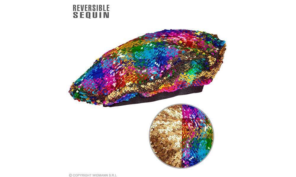 REVERSIBLE RAINBOW/GOLD SEQUIN BERET