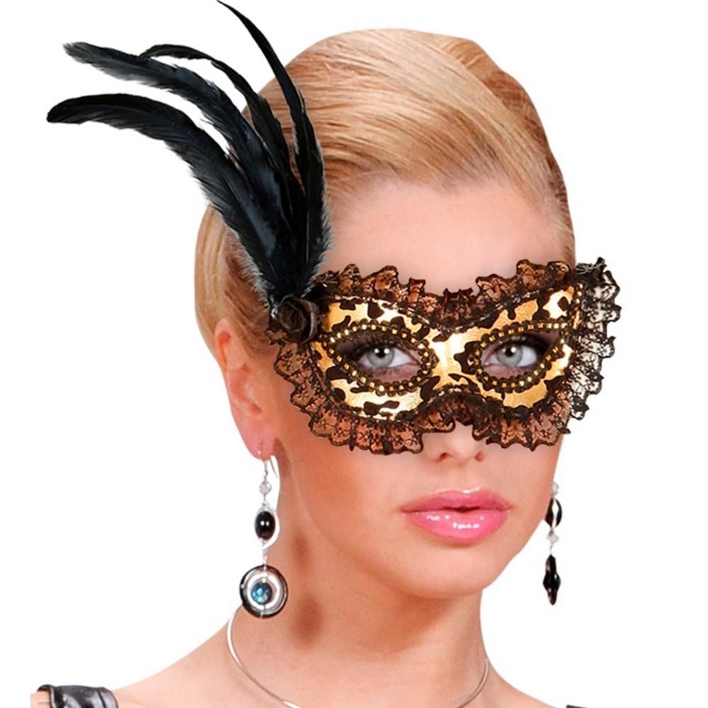 FLOCKED GOLD EYEMASK WITH LACE TRIM, ROSE & FEATHERS