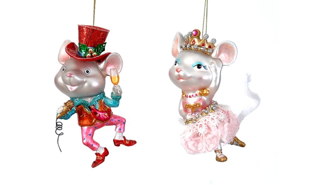 6/36-2Asst 13cm Glass mr. mouse w/wine & microphone orn