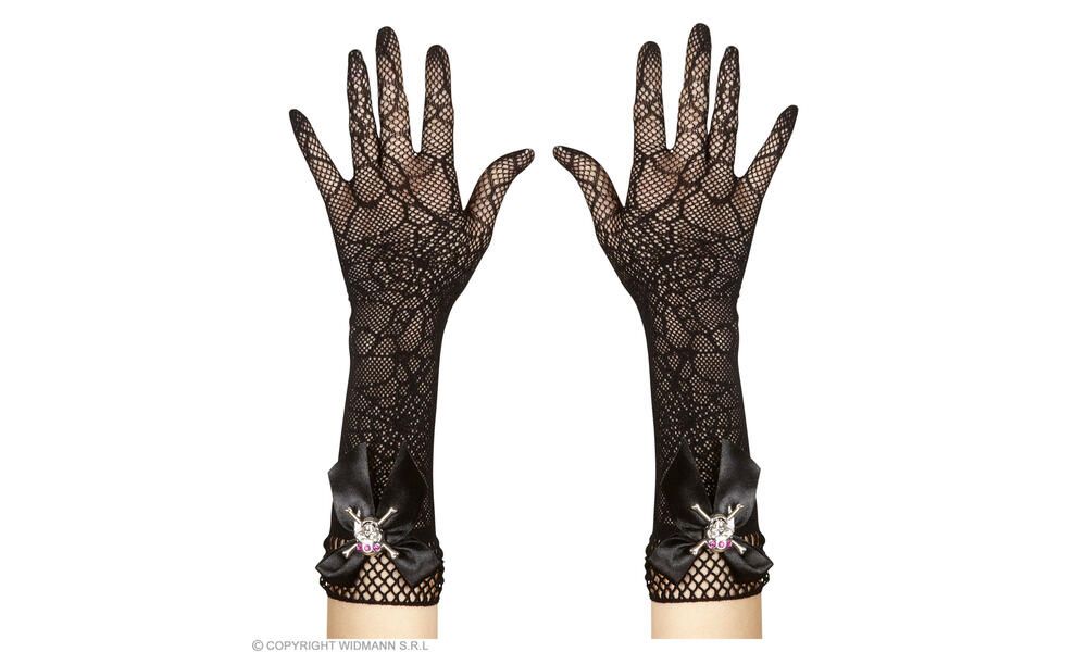 "STRASS SKULL SPIDERMESH GLOVES - 33 cm"