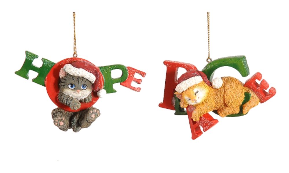 12/72 - 2Asst 6,5CM Hanging Polyresin Tabby in Hope & Peace wording