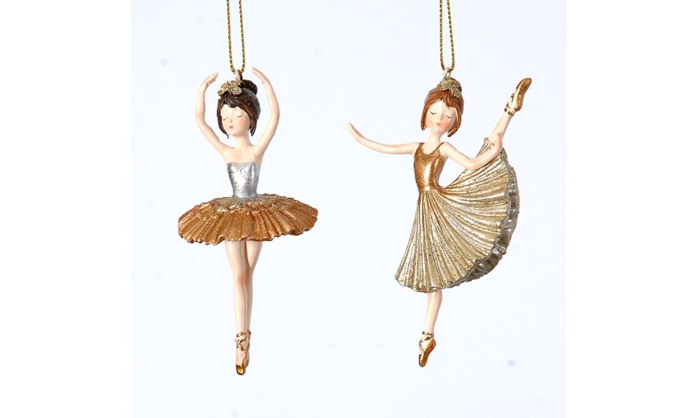 12/96-2Asst 11cm Polyresin ballerinas w/gold dress orn