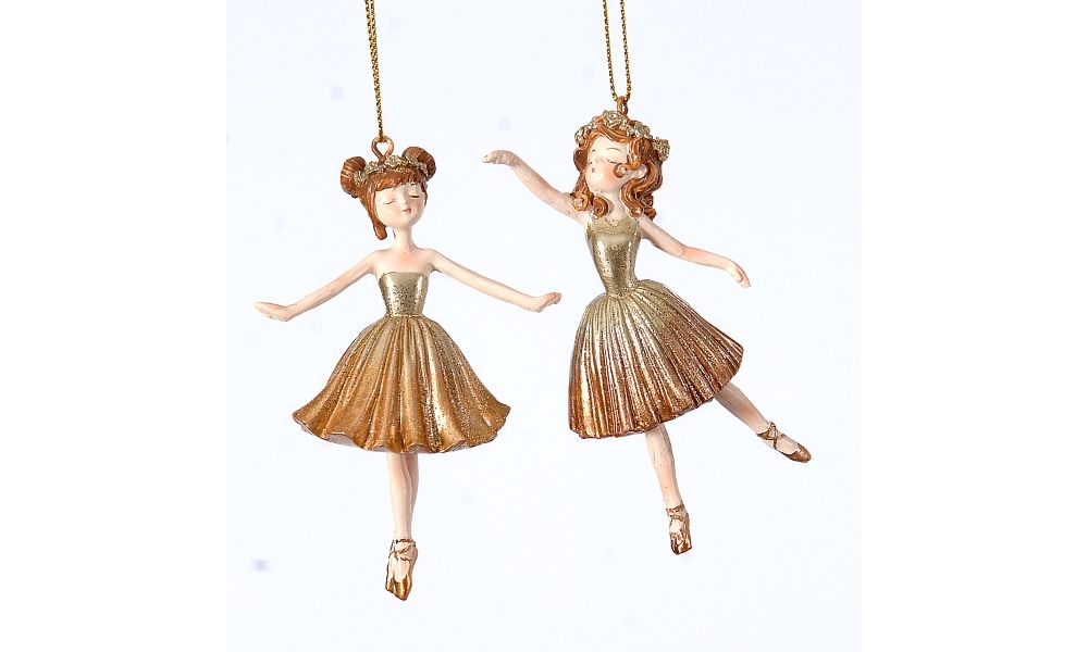 12/96-2Asst 11cm Polyresin ballerinas w/gold dress orn