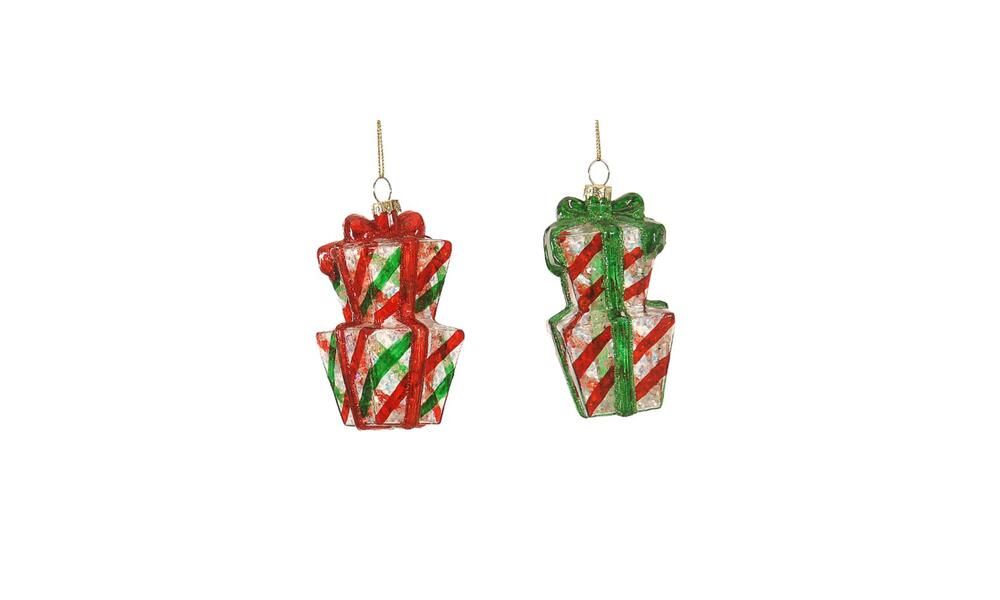 12/72 – 2 Asst 10CM Red/green glass gift bag ornament