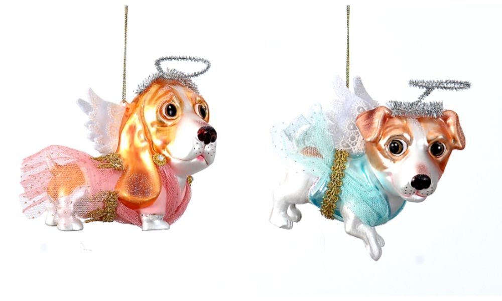 6/24-2Asst 12cm Glass dog w/wings orn