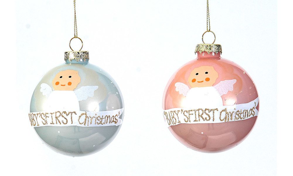 12/96-2Asst 8cm Glass enamel light blue/pink w/baby's 1st christmas text