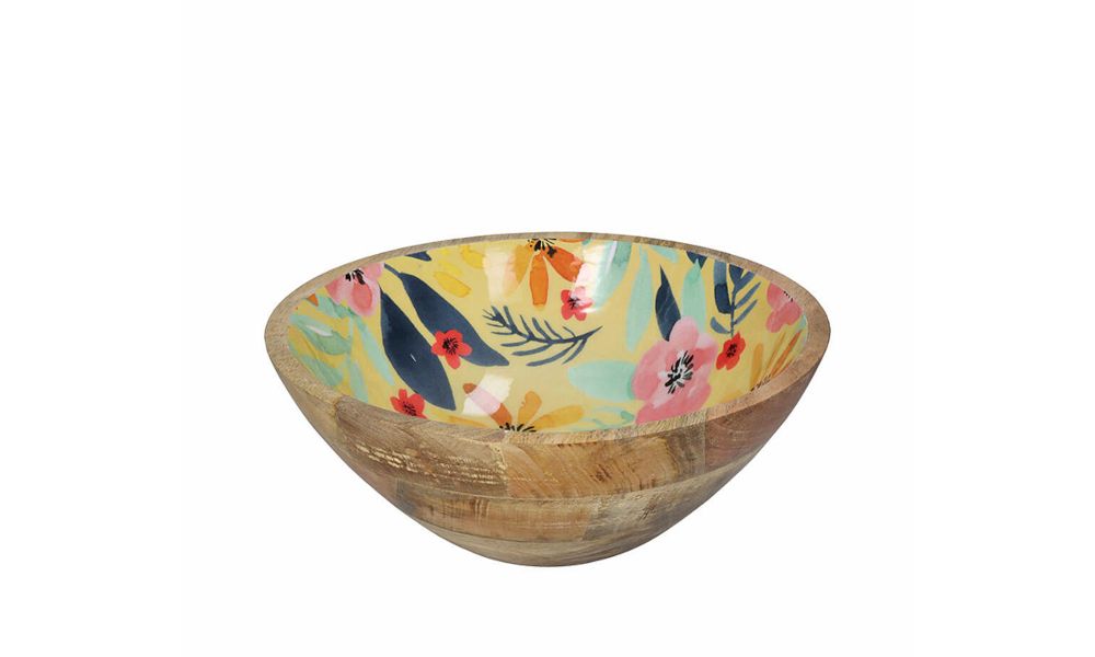 Μπωλ από ξύλο mango σχ. Floral κίτρινο, 30cm